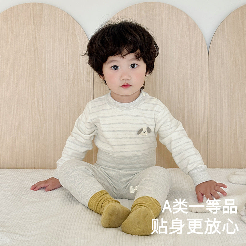 Baby thermal underwear set - soft fleece cotton high-waisted long johns with belly protection - two-piece set for boys and girls