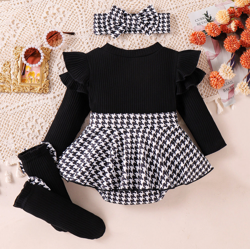 e-commerce autumn baby and toddler girl's three-piece set for the us and european markets, including a flutter-sleeve long-sleeved romper, pants/skirt, socks, and a headband