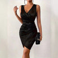 New arrival: sexy bodycon mini dress - fashionable v-neck, casual color block, solid color, metallic accents, and ruched detail