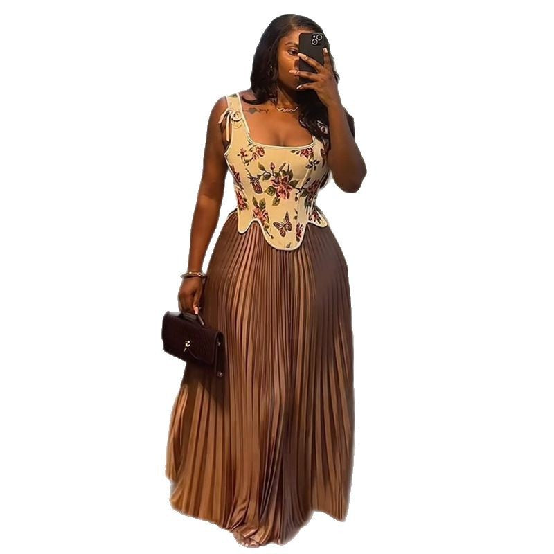European and american women's clothing  summer new sweet and fresh printed cinched waist tank top and high-waisted pleated skirt two-piece set