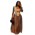 European and american women's clothing  summer new sweet and fresh printed cinched waist tank top and high-waisted pleated skirt two-piece set