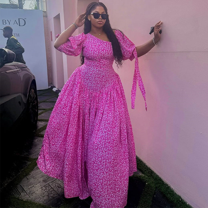 European and american cross-border women's clothing:  summer new arrival - fresh, sweet, asymmetrical neck tie-up slimming floral maxi dress