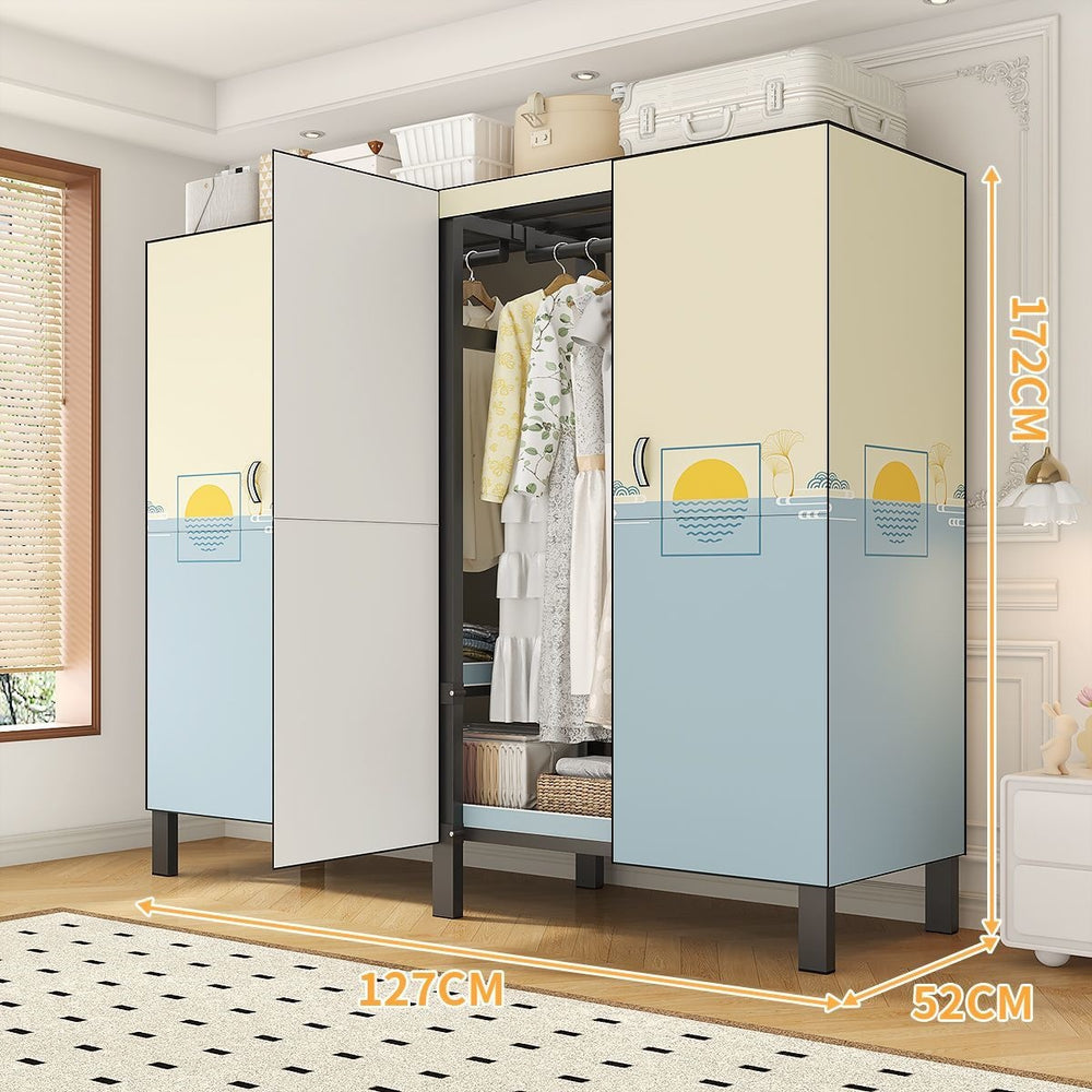 Easy-to-assemble, foldable wardrobe for bedrooms, ideal for home use or rental properties. dustproof, moisture-proof, with reinforced construction, fully sealed, and mildew-resistant. features a convenient swing-out door