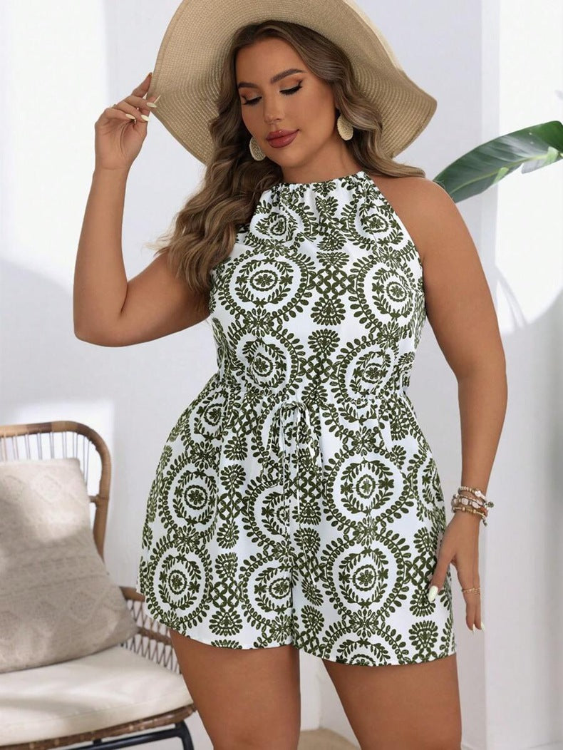Ready-to-ship, plus-size women's jumpsuit for cross-border e-commerce. summer  european and american hot style: minimalist print, open-back design