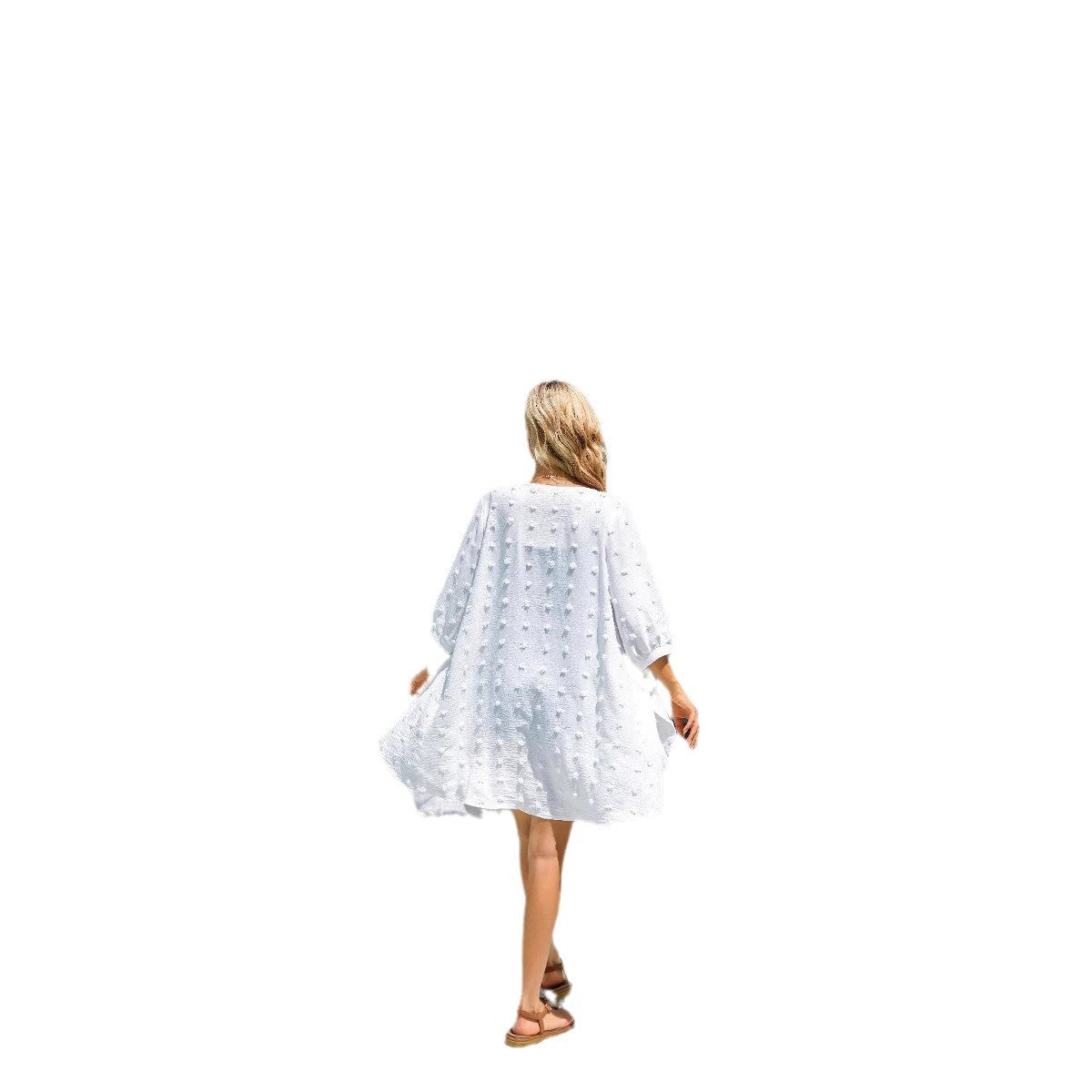 2025 new European and American vacation sunscreen clothes women's beach jacket bikini blouse jacquard big hairball seven-quarter sleeve cover