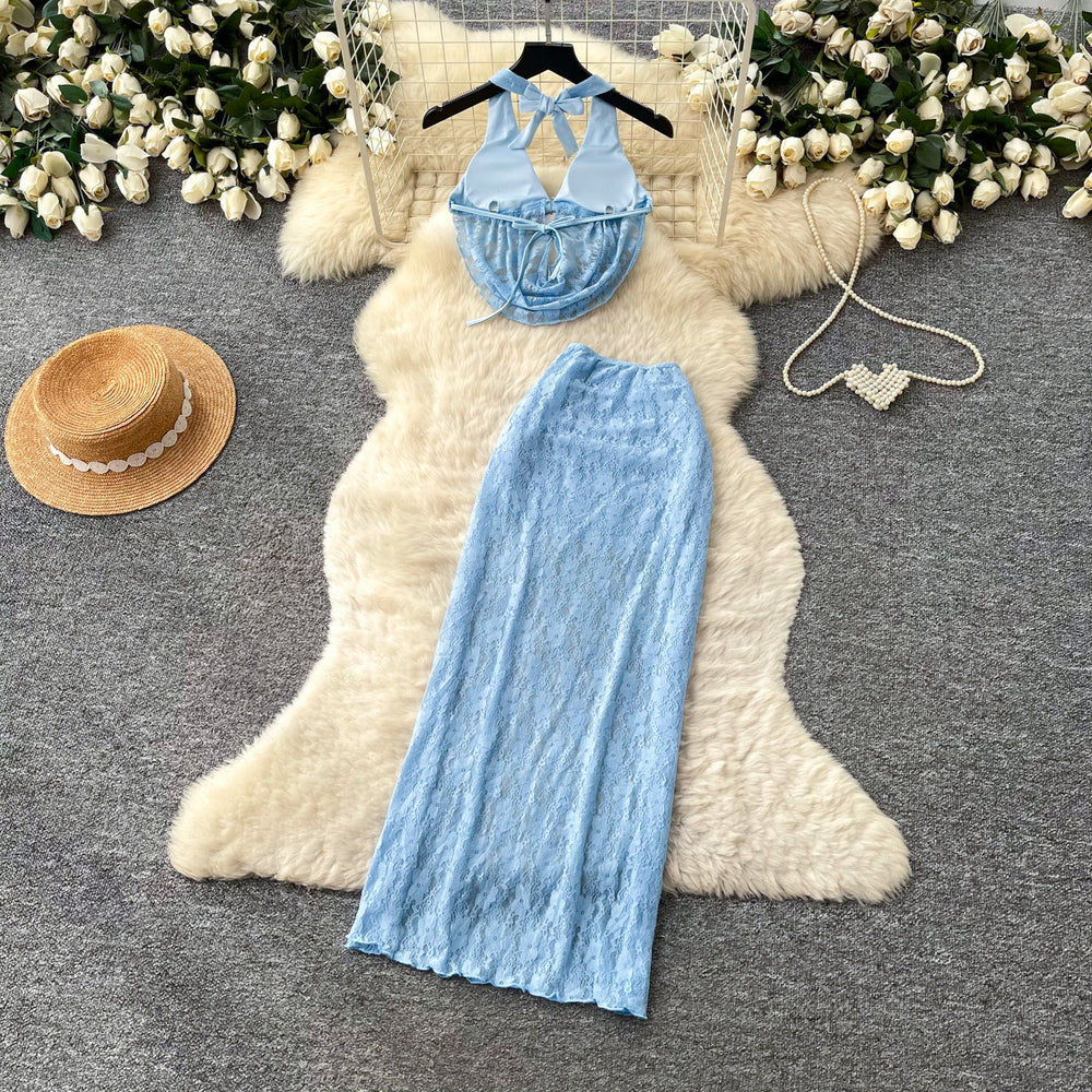Accessible luxury holiday style halter camisole skirt two-piece set women's summerslimming lookwork clothingelegantsuit skirt