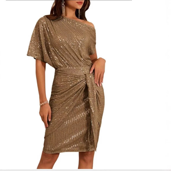 european and american cross-border women's beaded and sequined party club one-shoulder ruched evening gown fashion dress