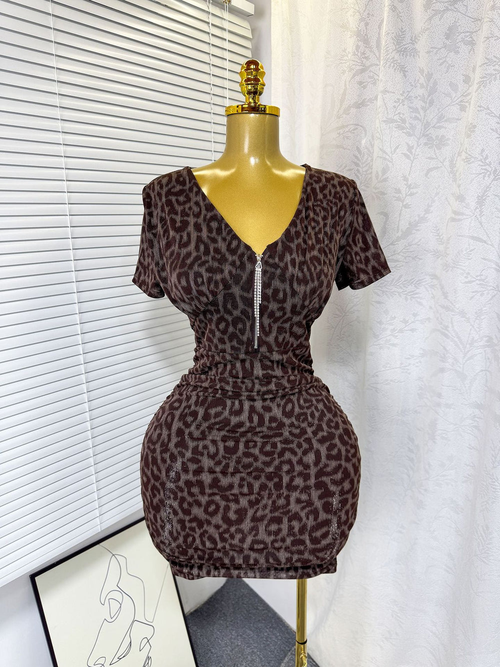 Exportsummernew arrivalsexy silmv neck zipper elastic mesh dress leopard print printing hip skirt for women