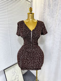 Exportsummernew arrivalsexy silmv neck zipper elastic mesh dress leopard print printing hip skirt for women
