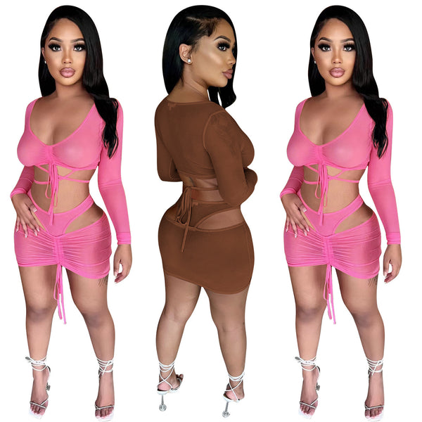 YD8629E4 special products are non-refundable and non-exchangeable. European and American women's clothing fashion perspective mesh strap two-piece set