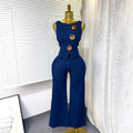 Exportelegantsense of design metal buckle round neck sleeveless vest vest + high waist wide leg pants denim suit for women