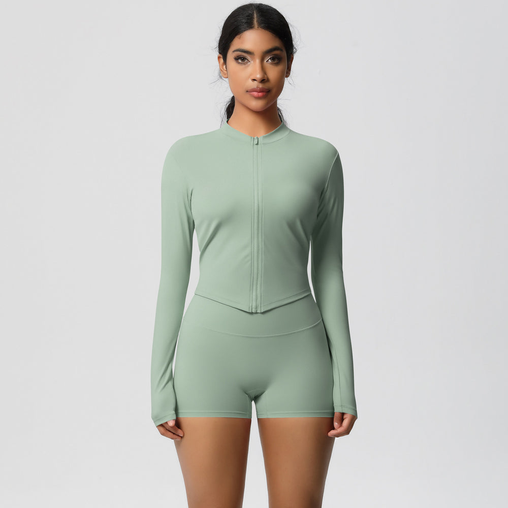 pure color brushed nylon nude zipper outwearlong sleeves yoga suit tight running sports fitness suit