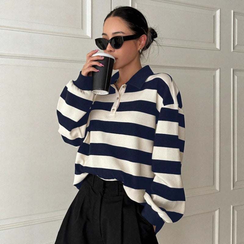 Long sleevest-shirt women's sweatshirtpolo collarautumtrendy brand lapeltrendy youth easiest for matchhandsomestripes