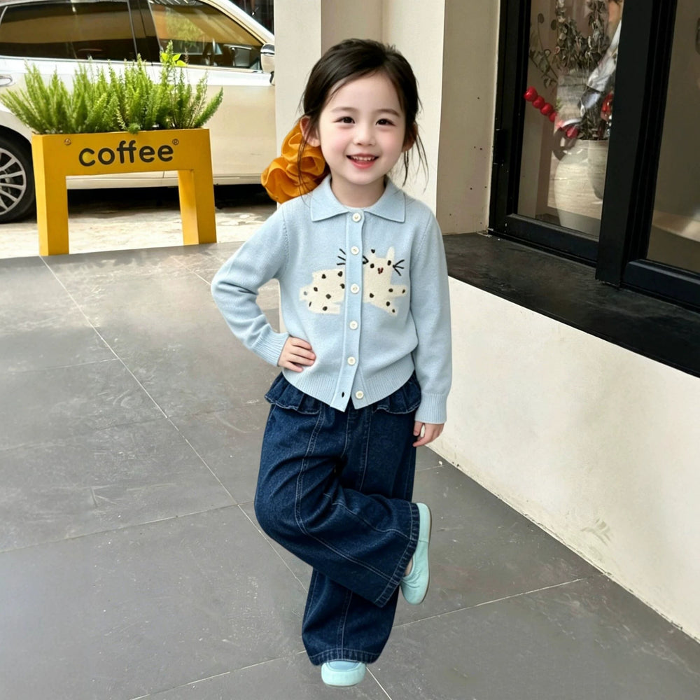 Girls' casual outfit:  autumn/winter cartoon kitten knit sweater, trendy and stylish two-piece set for kids