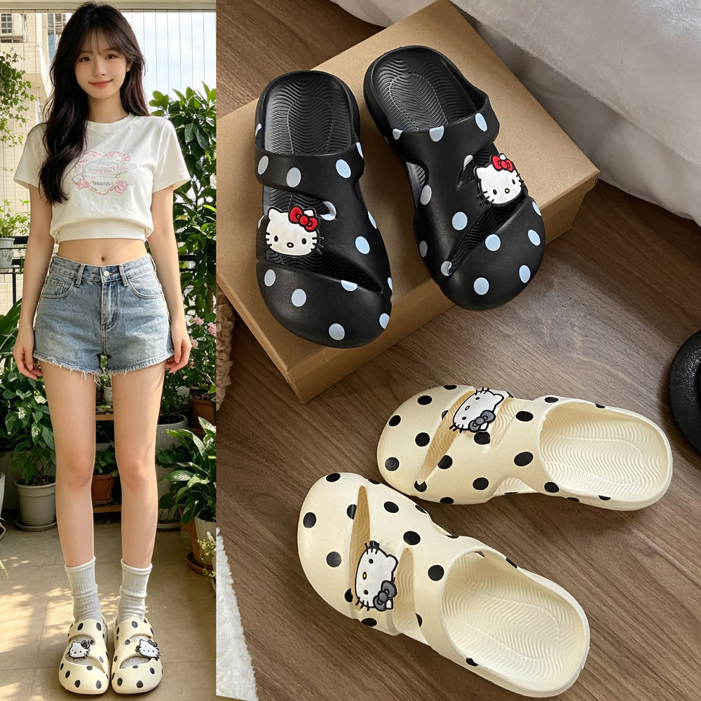 New eva polka dot hello kitty slip-on open-toe women's slippers - summer outdoor wear, thick sole, non-slip casual sandals