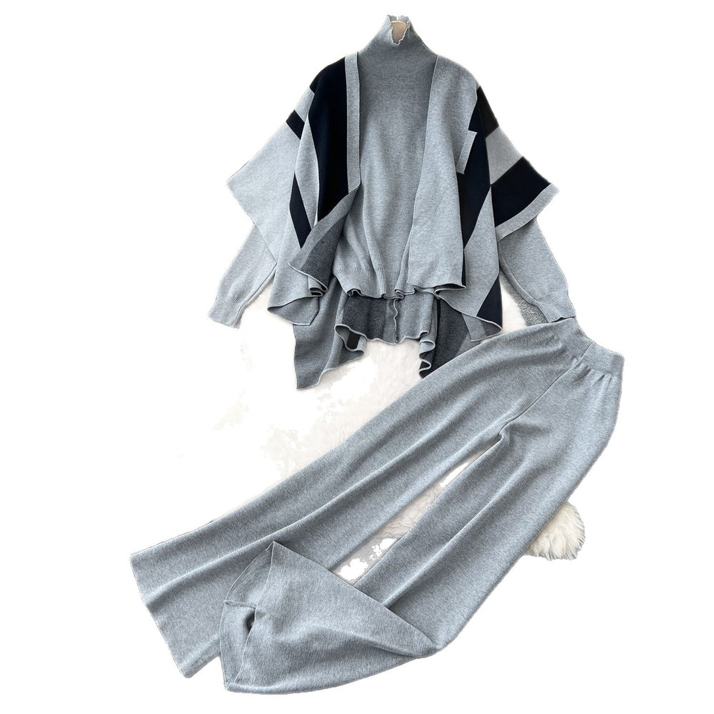 K-stylestripesprinting shawl high collar knittingsweater with high waistdrapedloose-fit silm pants royal sistersuit winter