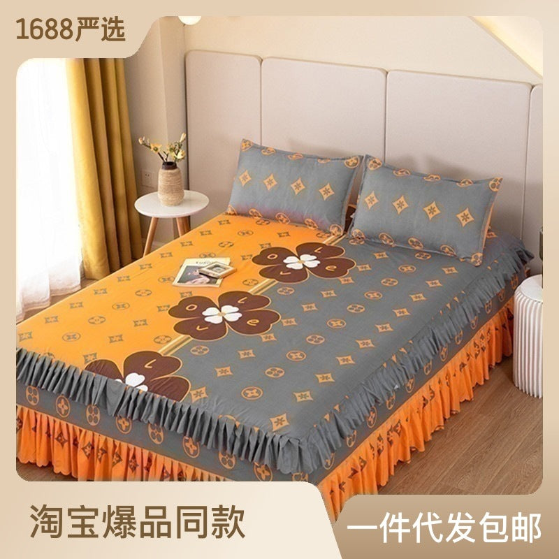 Bedspread bed skirt three-piece set korean style lace bed cover fitted sheet bed cover 3-piece set 1.68m bed 2.0 bed protector