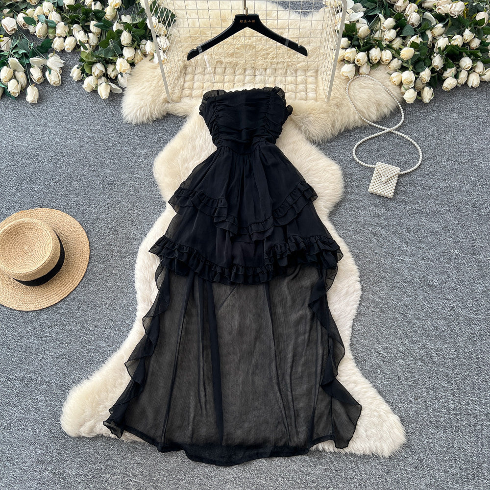French riviera style printed bandeau dress - women's summer princess style sweet ruffle tiered fairy dress