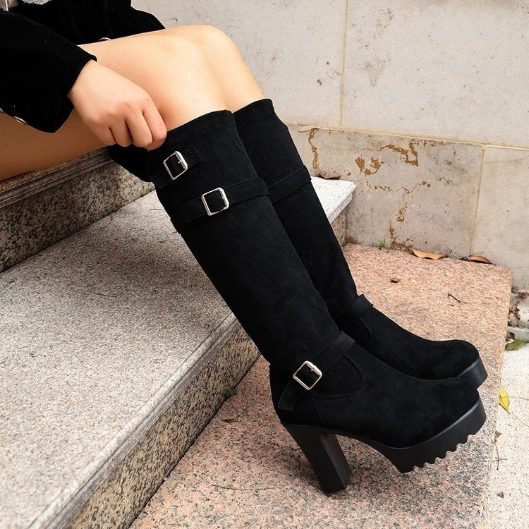 Exportplus sizeshort heightening small high heel knee socks boots springniche styleretro style thick heel slimming lookboots