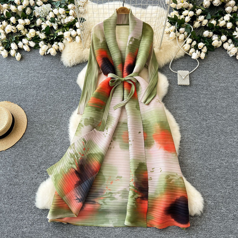 Fashion style large version dress women's fashion styleeasiest for match lapel waist strap mid-length pleated printingoutwear