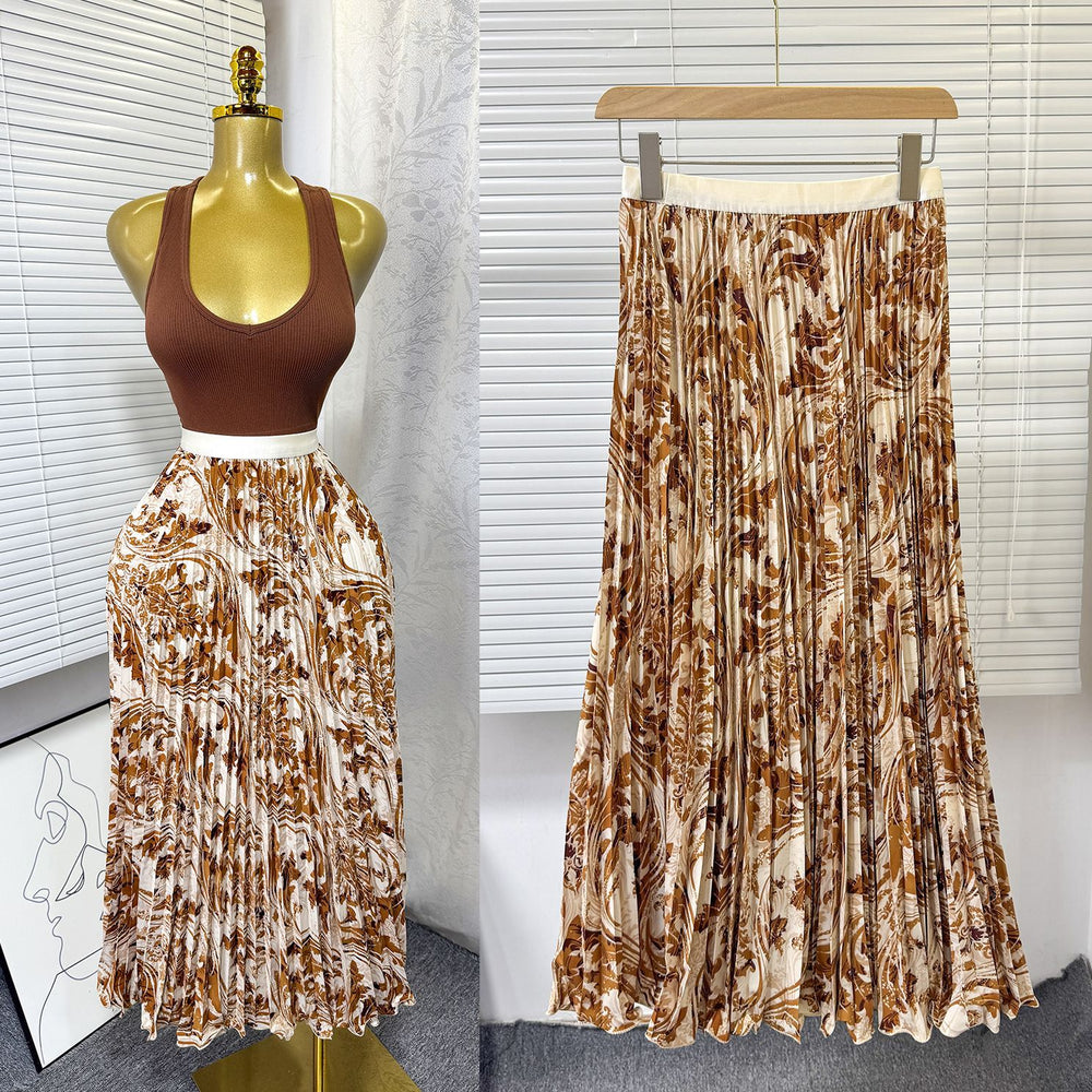 export  spring/summer new arrival: printed pleated a-line midi skirt with elastic waist and full sweep