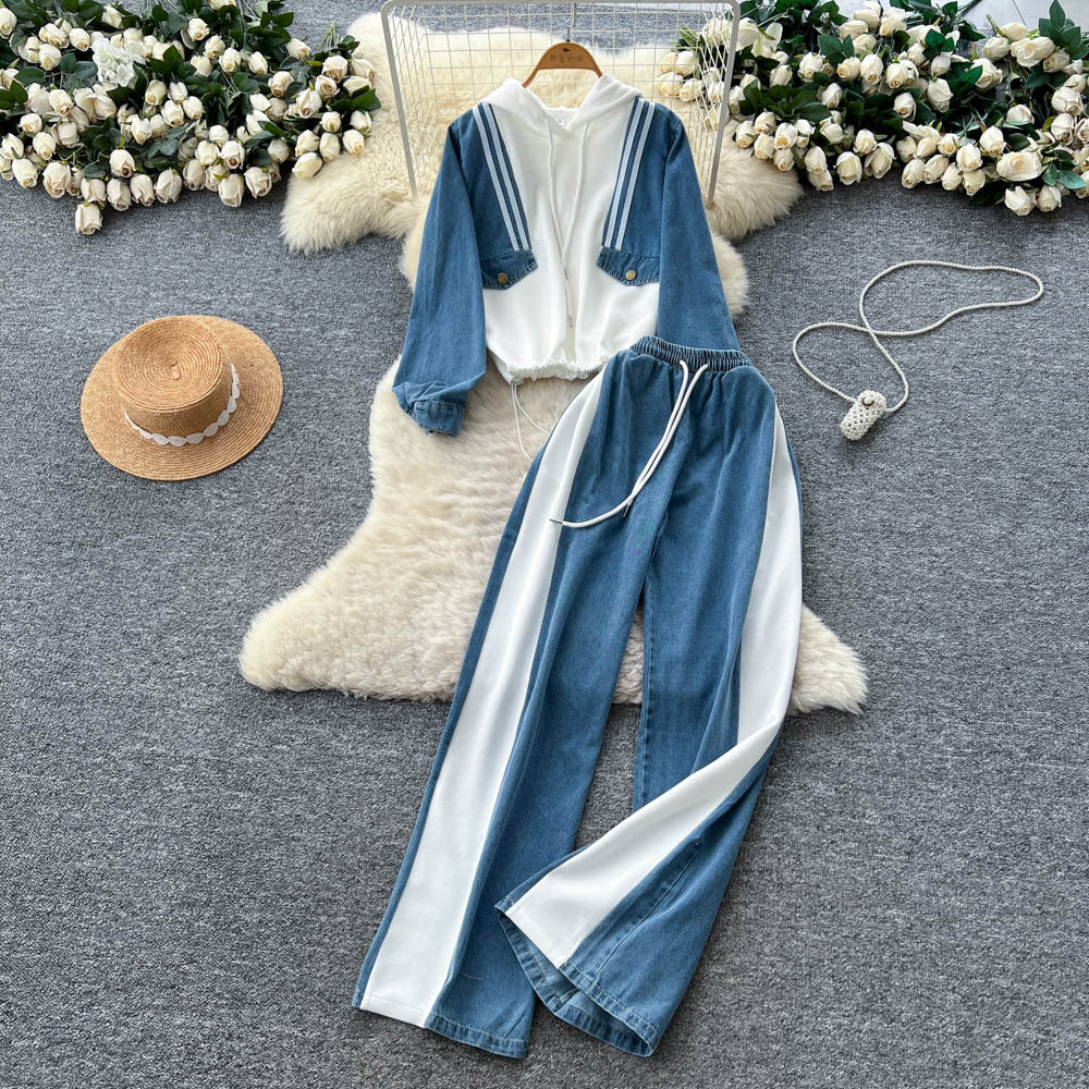 Fashionsuit women's 2025fall and winterretroloosecasual denim patchwork hooded sweatshirthigh waist wide leg straight-leg pants