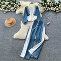 Fashionsuit women's 2025fall and winterretroloosecasual denim patchwork hooded sweatshirthigh waist wide leg straight-leg pants