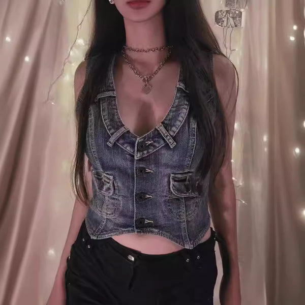 Foreign trade retro versatile washed old sleeveless elastic vintage style denim vest
