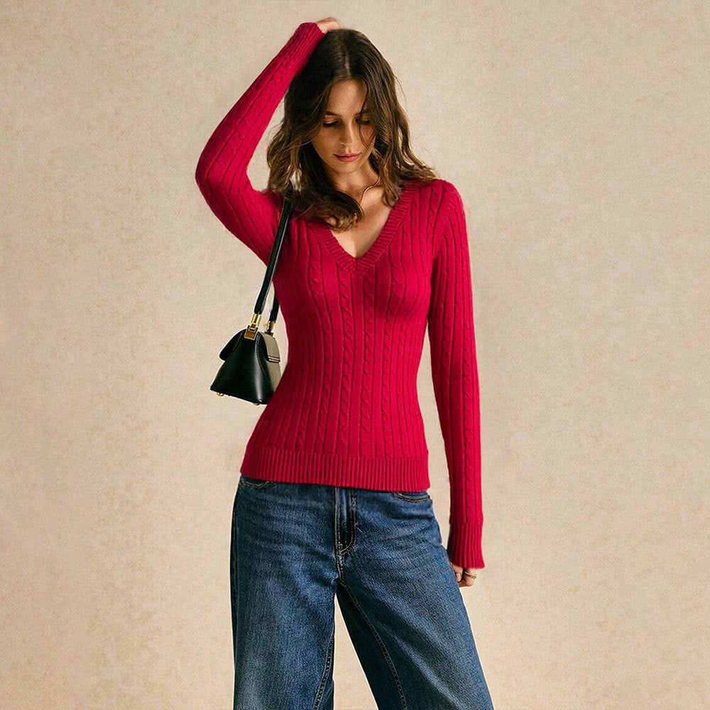 Cross-border Europe, America,  autumn and winter new women's casual V-neck slim-fit woolen top pullover long-sleeved red sweater