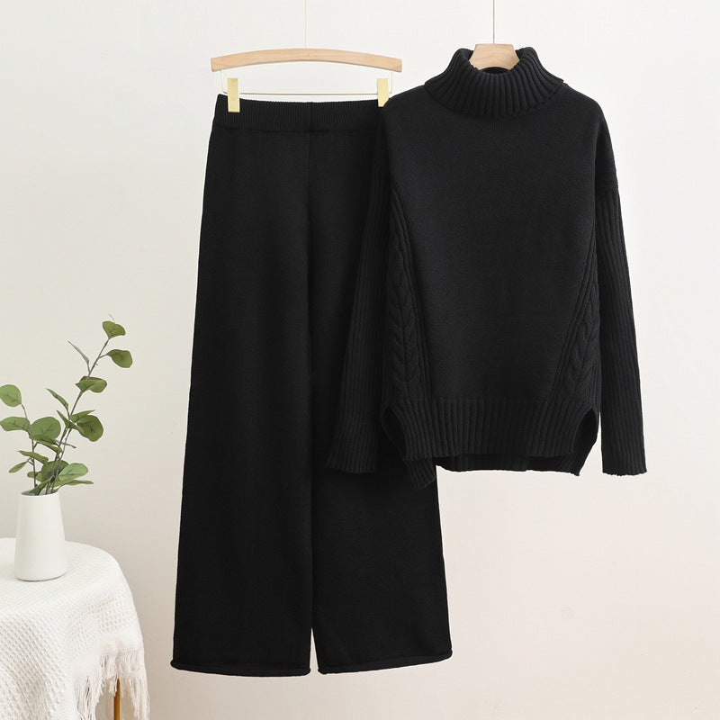 Autumn winternew arrivalknittingsuitelegantcasual slit sense of design high collar sweaterpure colorloose pantstwo-piece set