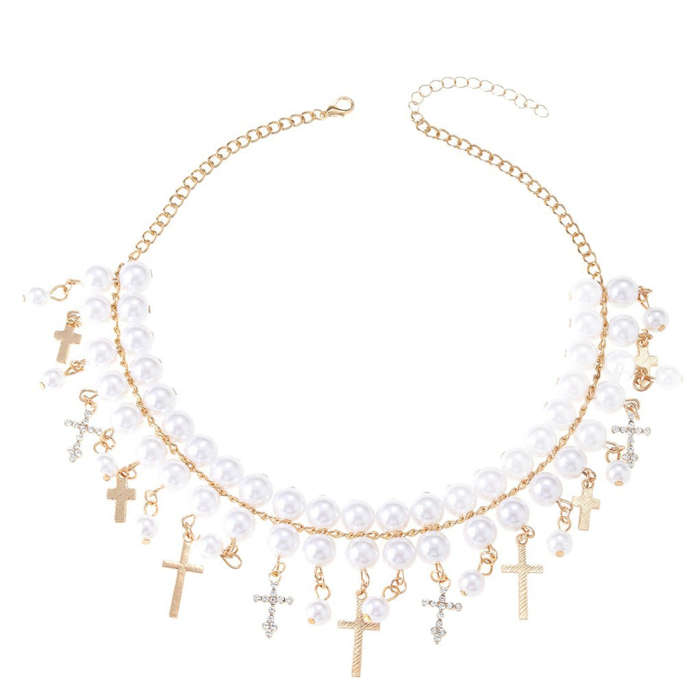 Vintage multi-layer faux pearl necklace, european and american fashion, unique design with diamond-accented cross pendant, choker necklace