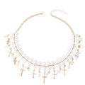 Vintage multi-layer faux pearl necklace, european and american fashion, unique design with diamond-accented cross pendant, choker necklace