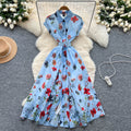 French fashion polo collar short sleeve waist dress women's summer classy slimming lookelegant large swing printing long skirt