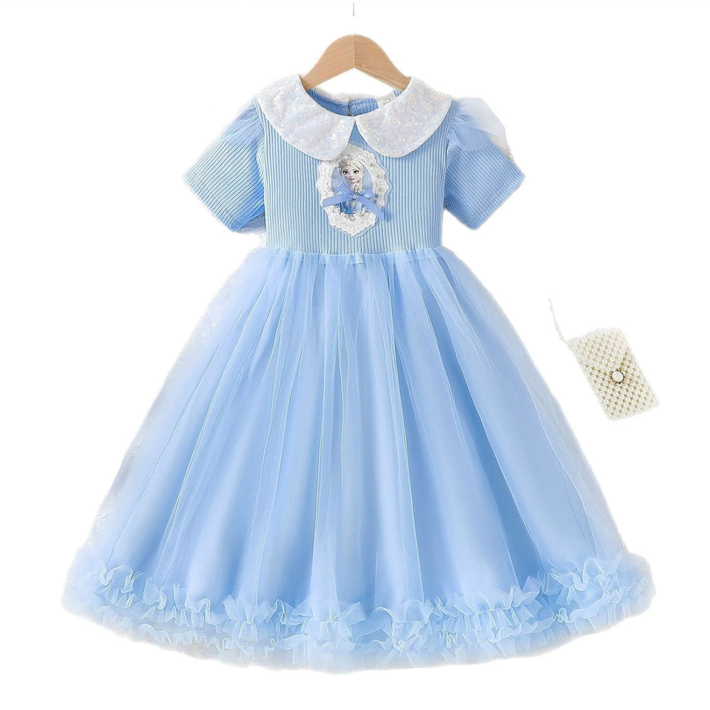 Girls' elsa princess sequin lapel short sleeve mesh dress summer kids ribbed frozen party dress