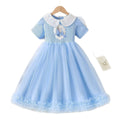 Girls' elsa princess sequin lapel short sleeve mesh dress summer kids ribbed frozen party dress
