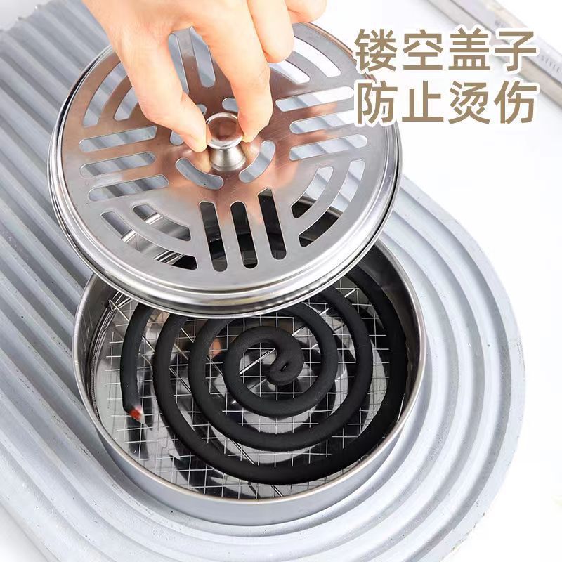 Mosquito coil tray Fireproof incense burner Stainless steel shelf tray Household creative gray tray with lid Anti-scalding outdoor mosquito coil box