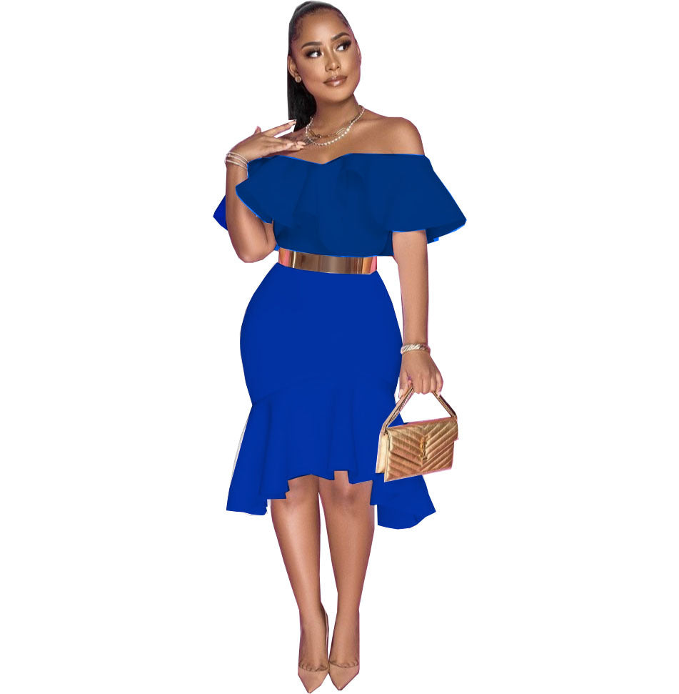 supply of african women's clothing pure color off-shoulder pattern fashion style grids waist bag hip v neck short-sleeved evening dress special price