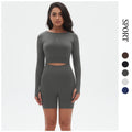 seamless knit solid color compression long-sleeve top, high-stretch breathable running and fitness set, yoga wear for women