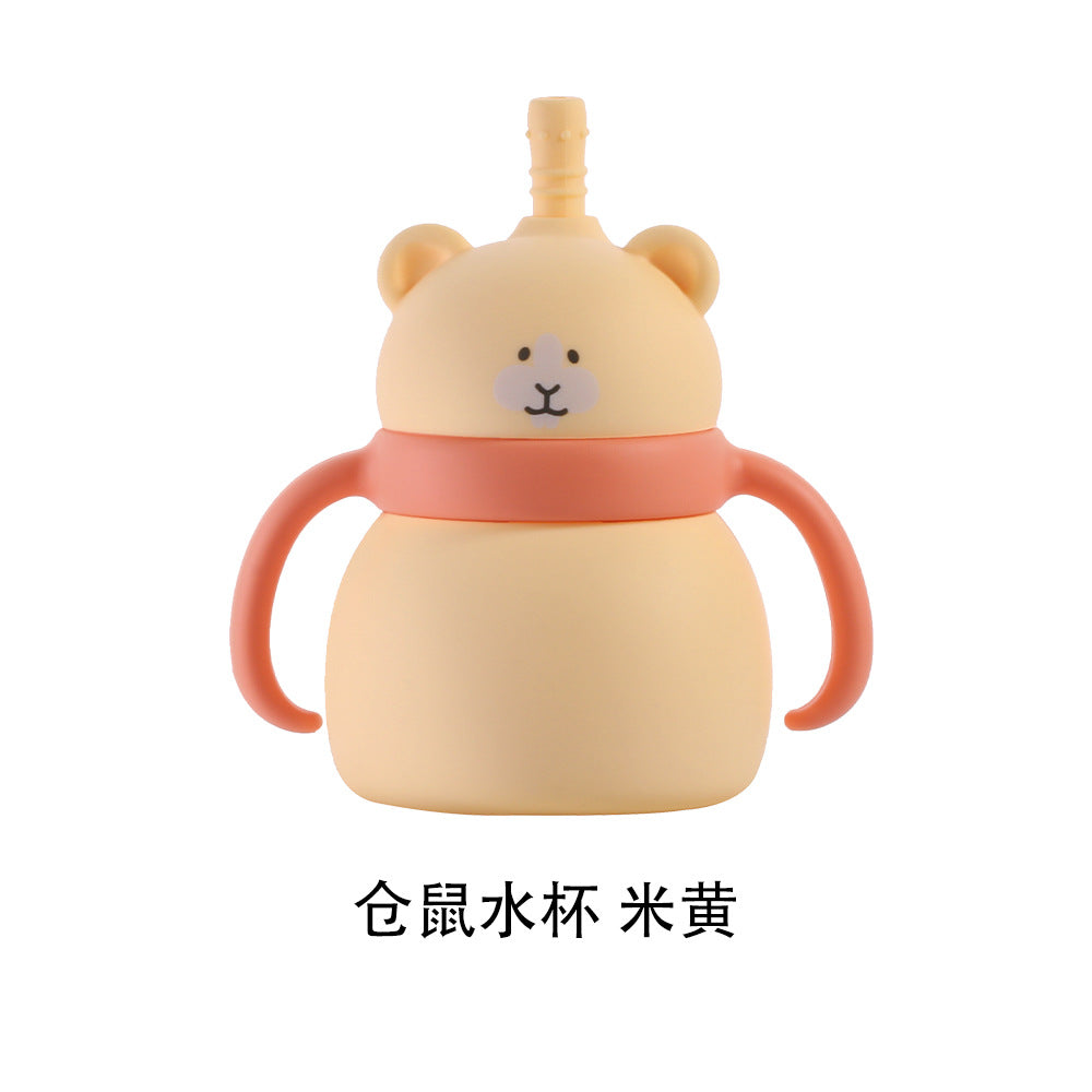 Baby silicone water cup Animal double handle Baby feeding tableware Drinking cup Large capacity silicone straw cup