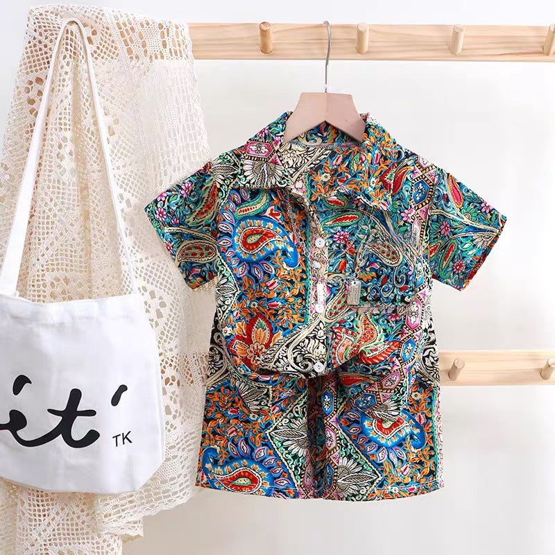 Boys' short-sleeve floral shirt beach vacation style summer baby short-sleeve top trendy shirt kids' shorts set