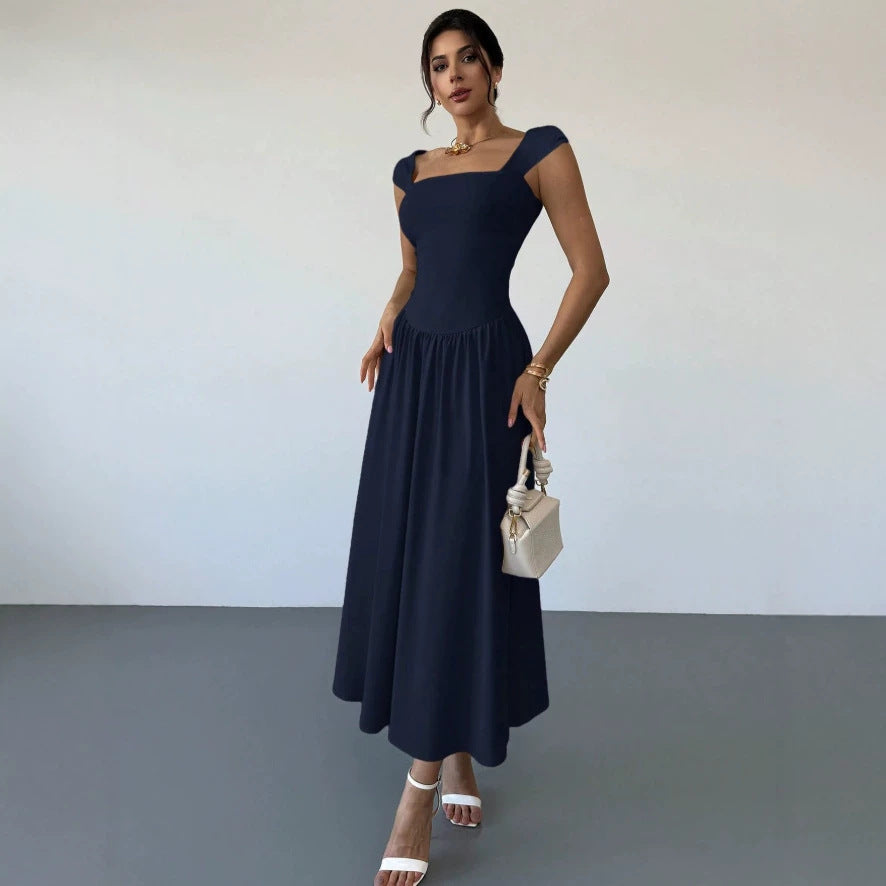 european and american summer new arrival: square neck, waist-defining, elegant maxi dress