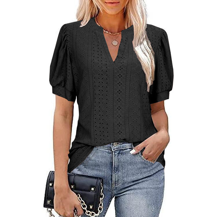 European and american cross-border e-commerce   spring/summer casual v-neck solid color cutout puff sleeve loose t-shirt