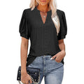 European and american cross-border e-commerce   spring/summer casual v-neck solid color cutout puff sleeve loose t-shirt