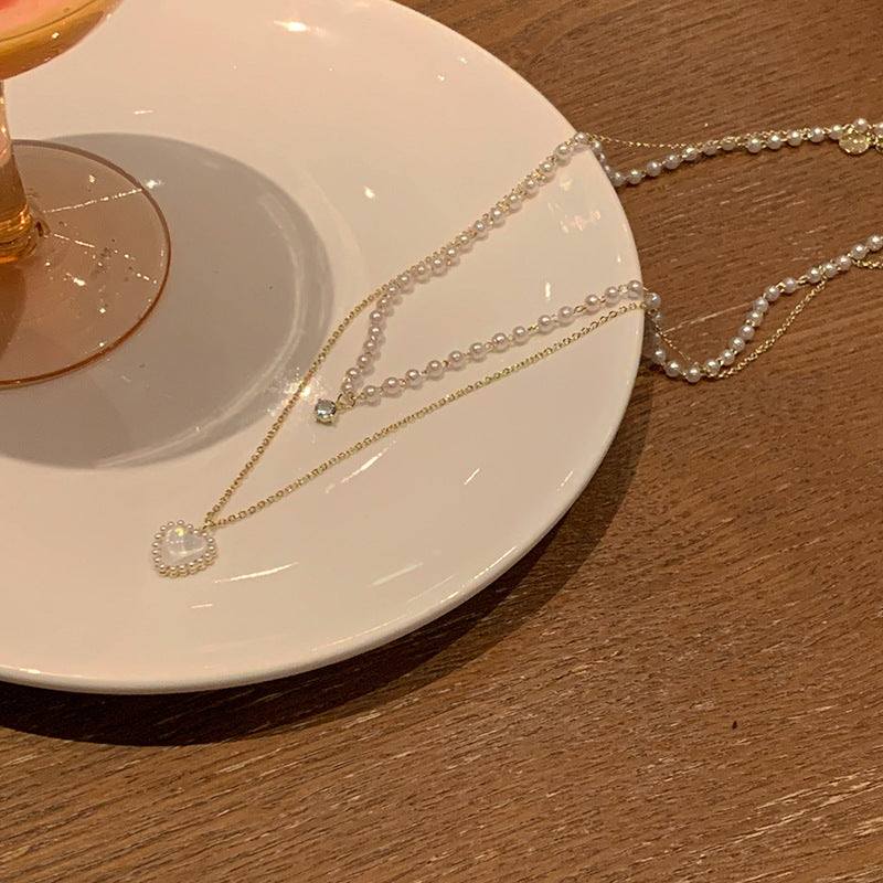 Summer pearl double-layer heart necklace for women - lightweight luxury design, unique layering, choker necklace, trending luxury style