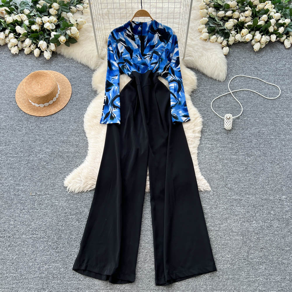 Autumn wear light mature style royal sister style classy sense v necklong sleevesprintingpatchworkhigh waistslimming lookcasualloose pants jumpsuit