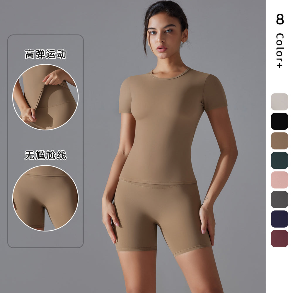 New spring double-sided nylon quick-dry yoga outfit short sleeve fitness set outdoor running sports two-piece set for women