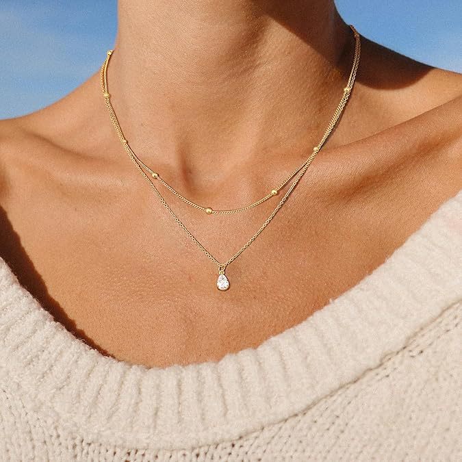 european and american popular simple style three-layer imitation pearl drop-shaped crystal pendant stacked necklace clavicle chain wholesale