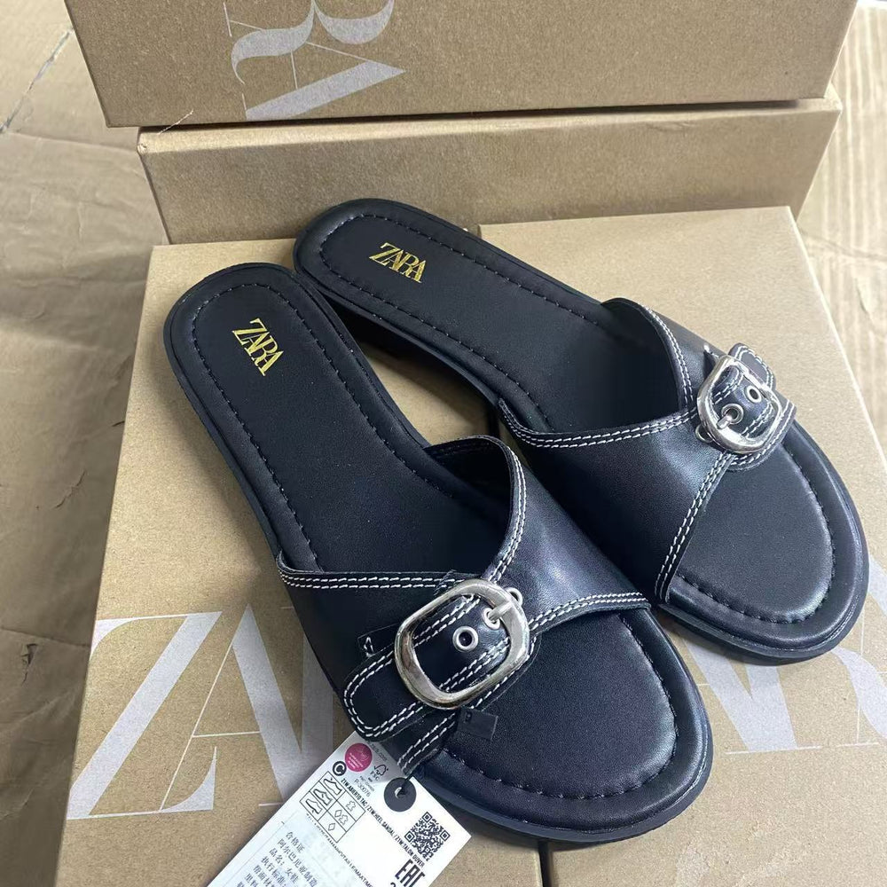 Za 2025 summer new women's flat sandals - leather strap outdoor sandals - black one-strap versatile sandals