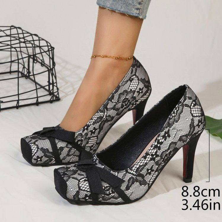 plus size back hollow flatsbows red bottom flatsnew arrivallace mesh square toe thin heel high heels