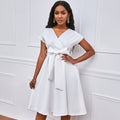 Amazon independent station summer v neckpure color waist bow tie european and american large swing dress cross-border dress